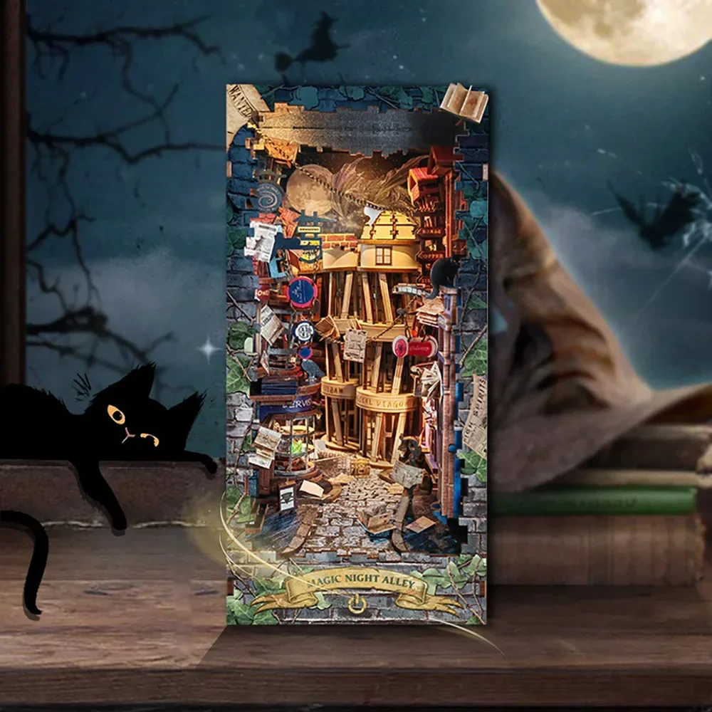 Diy Wooden Book Nook Kit Shelf Insert - Retro DIY Magic Night Alley Houten